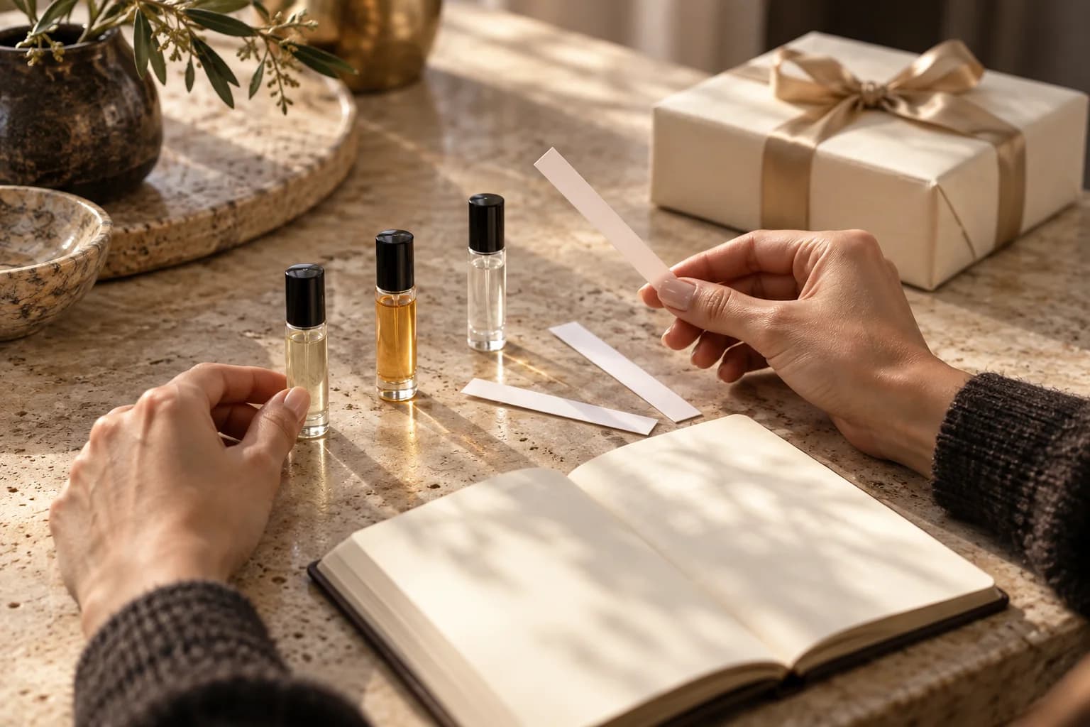 Hands considering perfume samples and paper scent blotters beside an open notebook on a warm stone table.