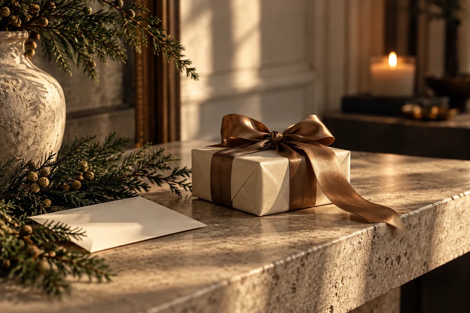 An ivory present tied with bronze ribbon beside evergreen sprigs and a blank card on a stone console.