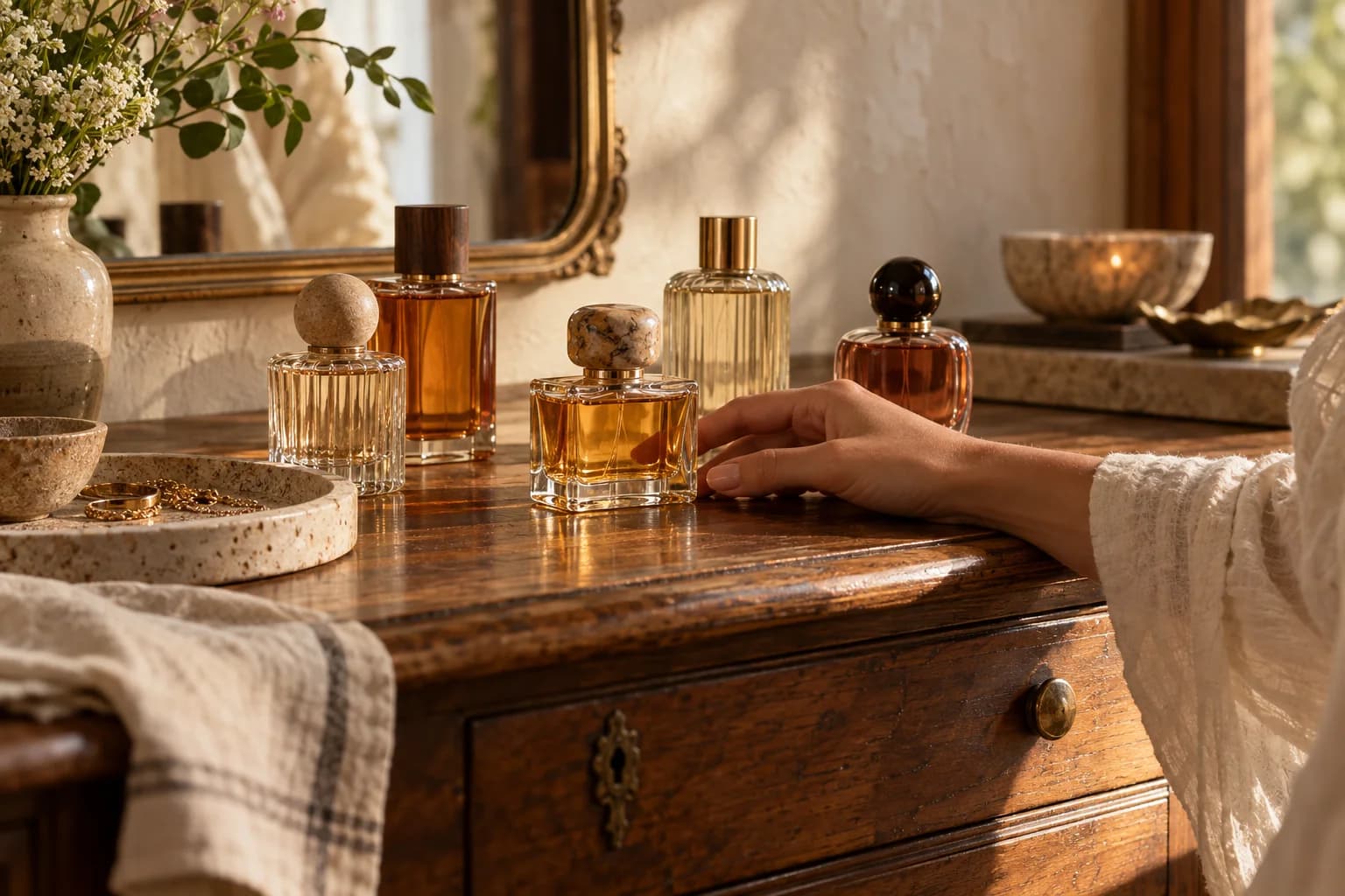 A hand beside a curated collection of glass perfume bottles on a wooden dressing table with a stone tray.