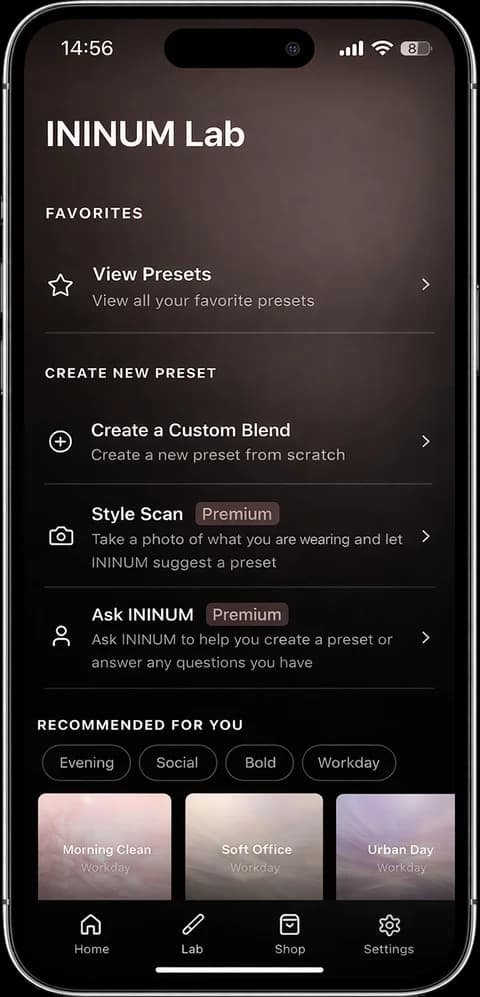 ININUM Lab with custom blends, saved presets and fragrance recommendations
