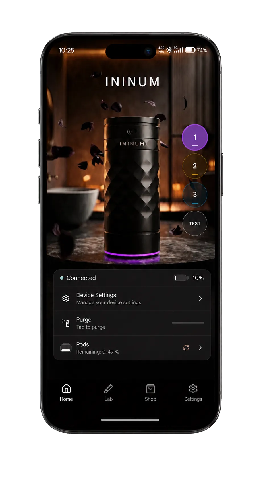 ININUM mobile app controlling the smart fragrance device