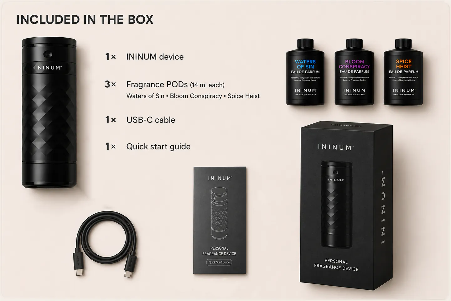ININUM device package contents including the device, three Original Trio fragrance PODs, USB-C cable and quick start guide